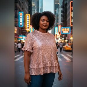 Impressions Elegant Pink Ruffle Sequin Top Sz 2X